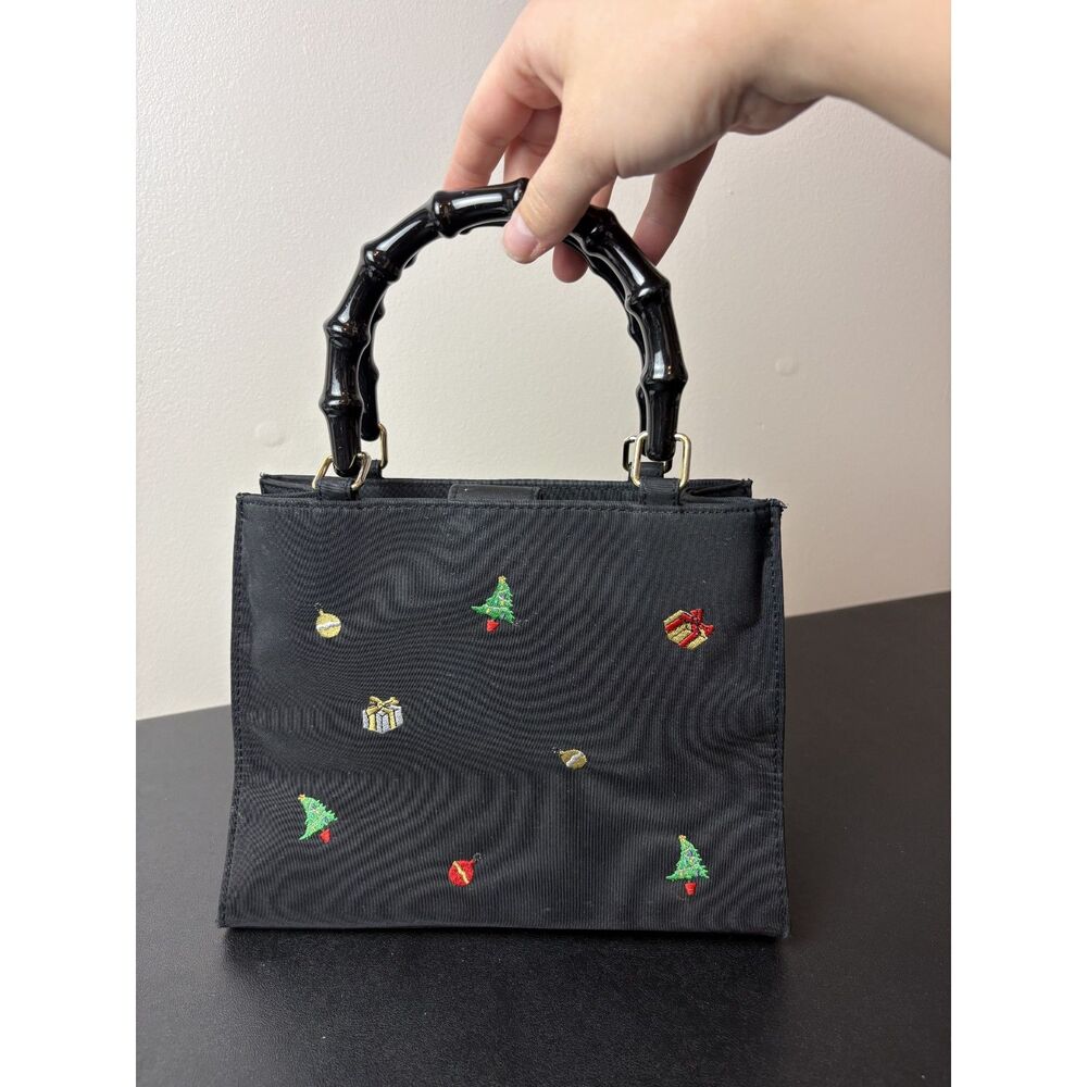 VTG Christmas Mini Purse Y2K Embroidered Bamboo Handle Black Tote Bag Cute